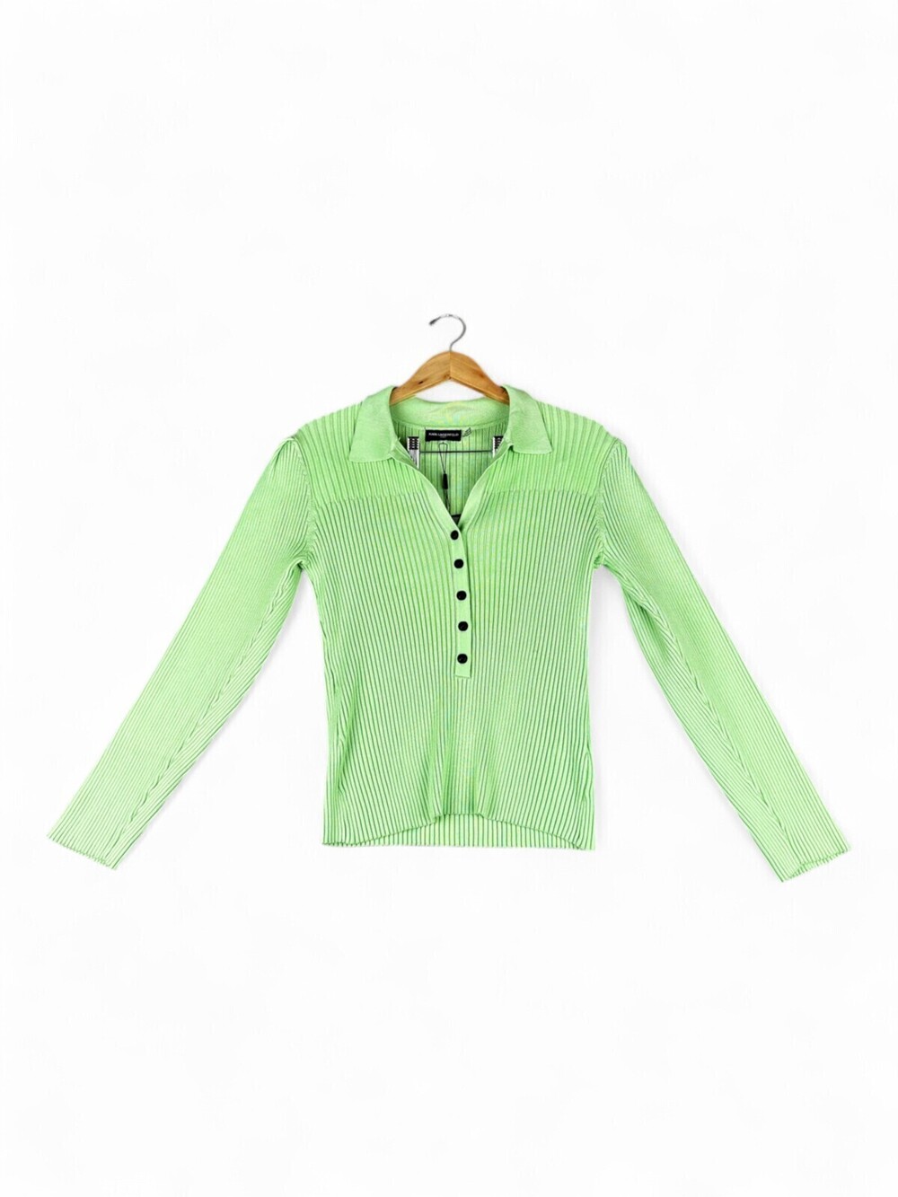 Karl Lagerfeld Ribbed Collared V-Neck Long Sleeve Top L